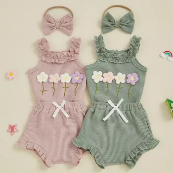 Floral Frill Romper & Ruffle Shorts Set + Headband