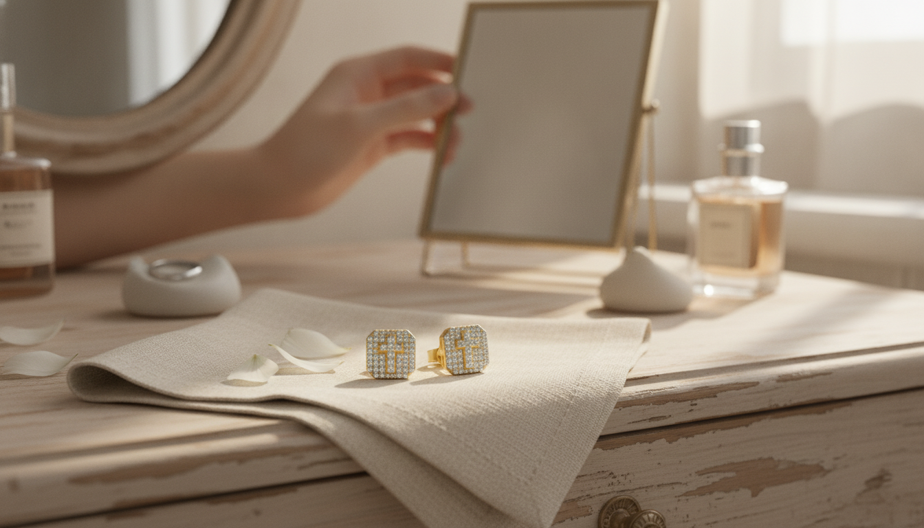 Square Cross Moissanite Studs in Gold-Plated 925 Silver