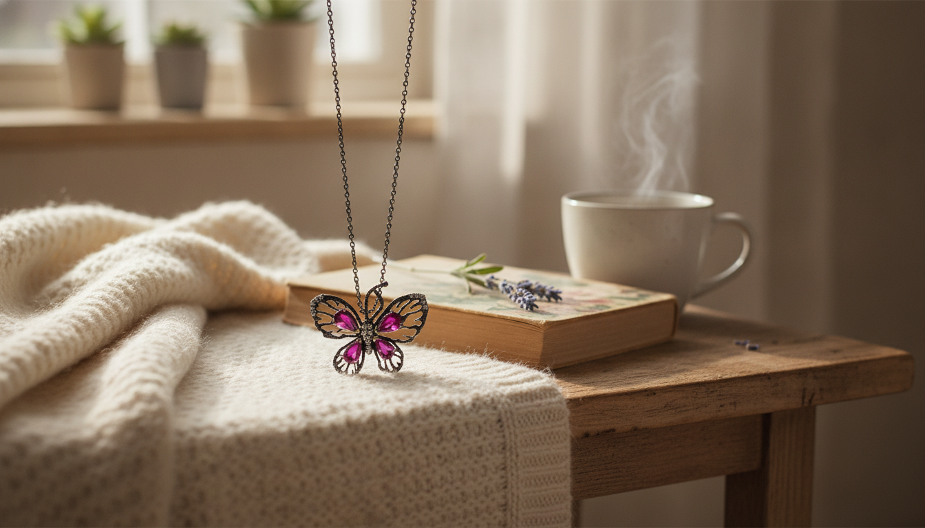 Sterling Silver Butterfly Necklace with Lab Ruby & CZ