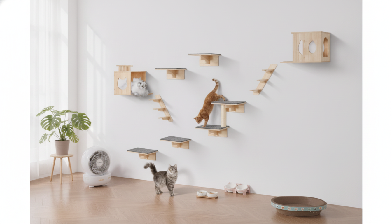 Wall-Mounted Cat Shelves Set for Safe Vertical Play
